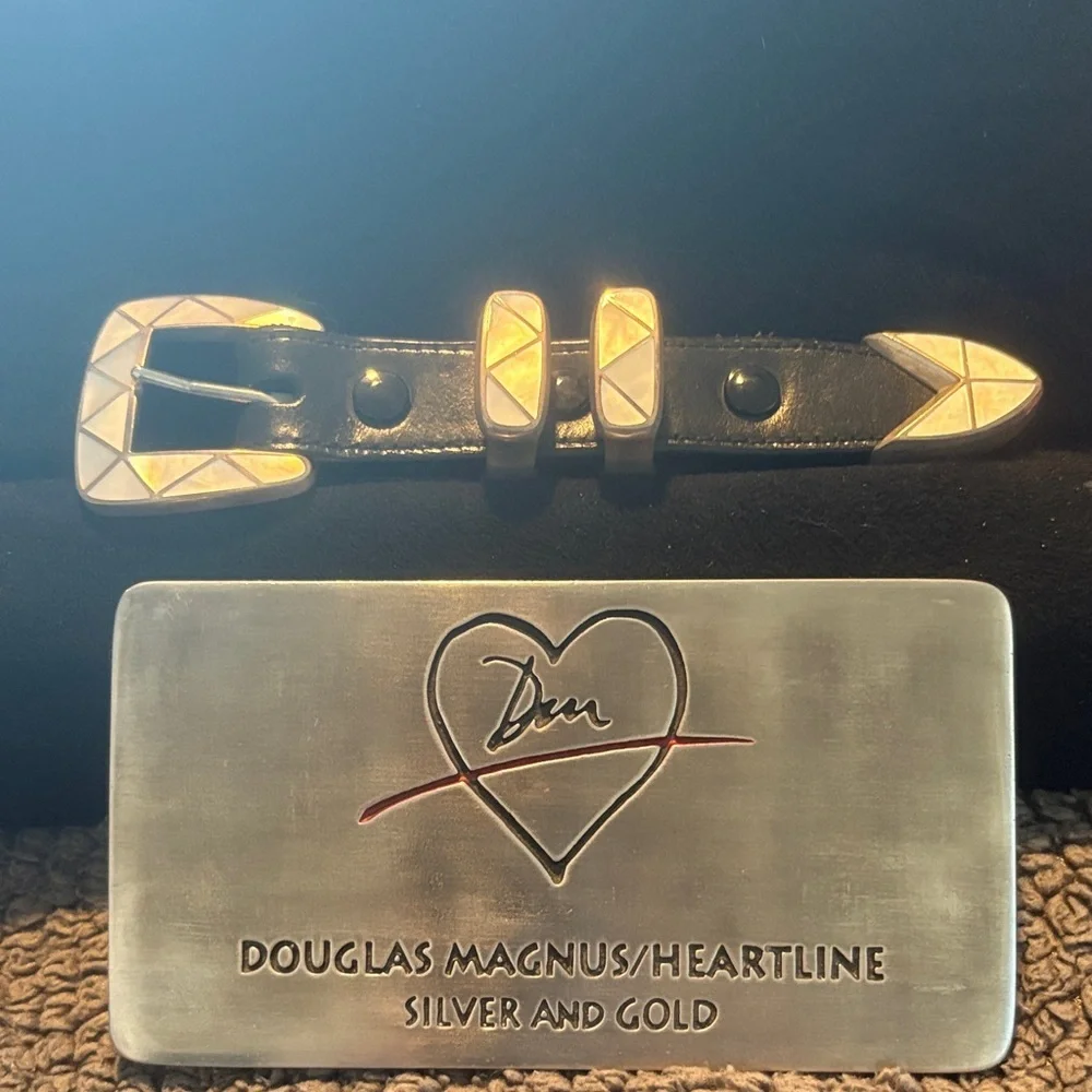 Douglas Magnus Heartline handmade inlaid mother of pearl 1” sterling buckle set